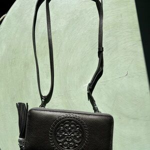Brighton dark gray Leather Crossbody wallet with Tassel and Embossed Medallion